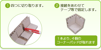四つに切り取ります。 接続をあわせてテープ等で固定します。 １本より、４個のコーナーパッドが取れます 